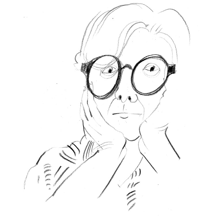 Pencil sketch of a person with large round glasses, hands cupping cheeks in a surprised expression.