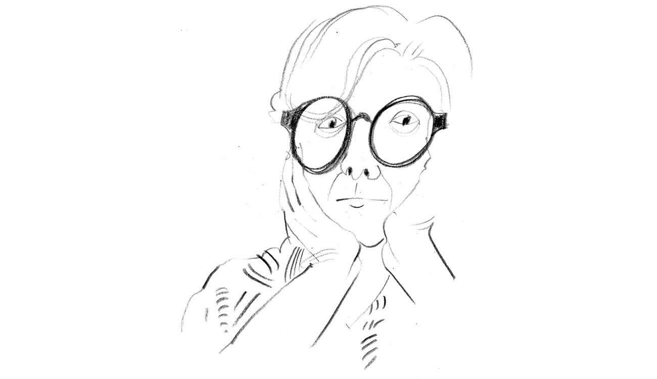 Sketch of an elderly person with large round glasses resting their face in their hands, contemplative expression.