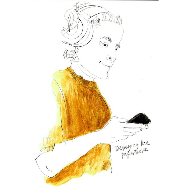 Sketch of a person in an orange sweater looking at a phone; caption reads 'Delaying the paperwork'.