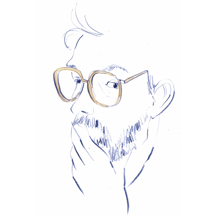 Sketch of a man with round glasses and a beard, resting his chin on his hands in a thoughtful pose.