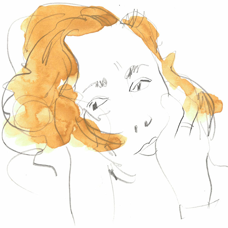 Sketch of a person with orange hair resting their face on their hands, looking dreamy or tired.