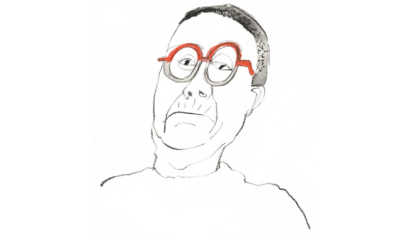 Sketch of a person with round red glasses looking upward.