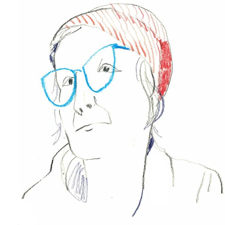 Sketch of a person with blue glasses looking upward wearing a red hat.