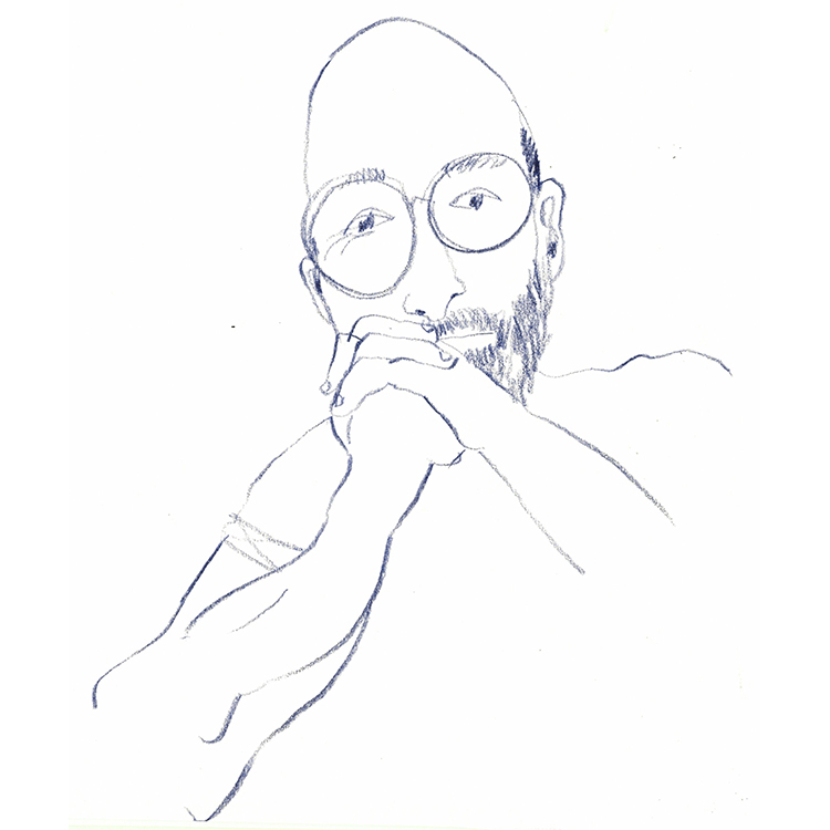 Sketch of a bald man with round glasses and a beard resting his chin on his clasped hands.