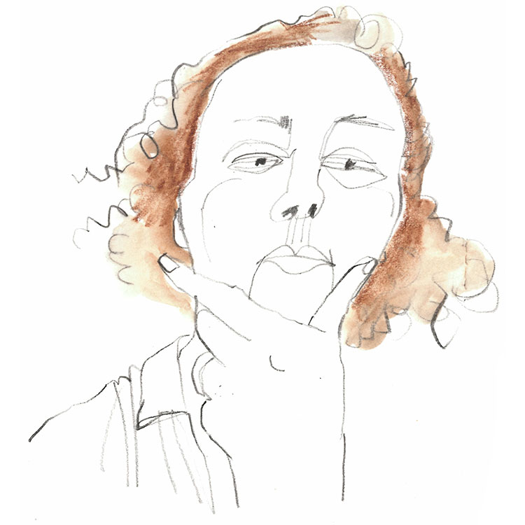 Sketch of a person with red hair resting their chin on a hand, looking thoughtful.