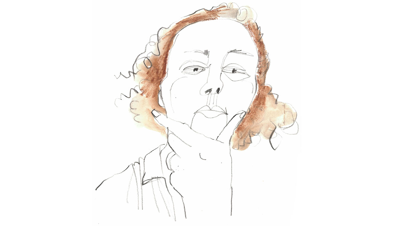 Minimalist line drawing of a person with orange hair, chin resting on hand in a thoughtful pose.