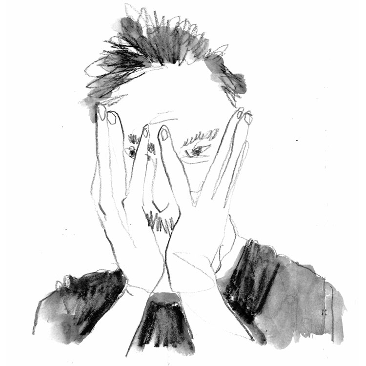 Black-and-white sketch of a person with short hair covering their face with both hands, eyes peeking through the fingers.