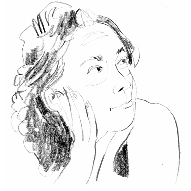 Pencil sketch of a person with wavy hair resting their face on their hands, gazing upward in thought to the right.