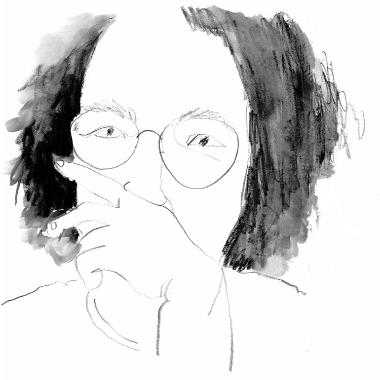 Sketch of a person with round glasses, hand over mouth, in black-and-white pencil style.